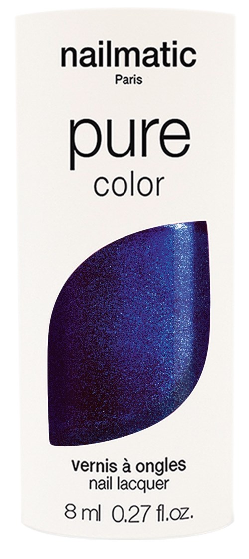 En nagellacksflaska märkt 'Nailmatic Paris Pure Color' med en blå nyans på etiketten.
