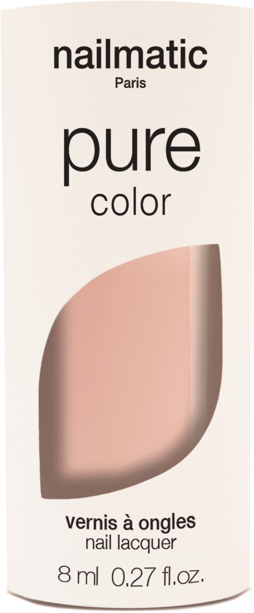 En liten flaska med mjuk rosa nagellack och enkel, ren etikettdesign.