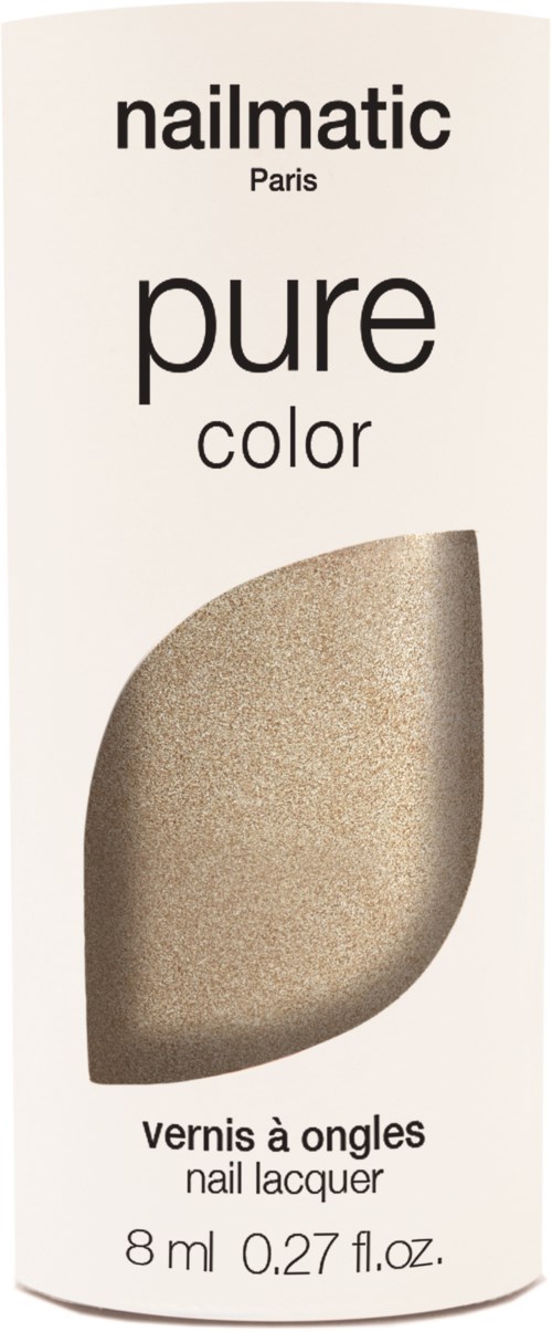 En nagellackflaska med guldaktig färg, märket Nailmatic Paris, märkt 'pure color' och 'vernis à ongles'.