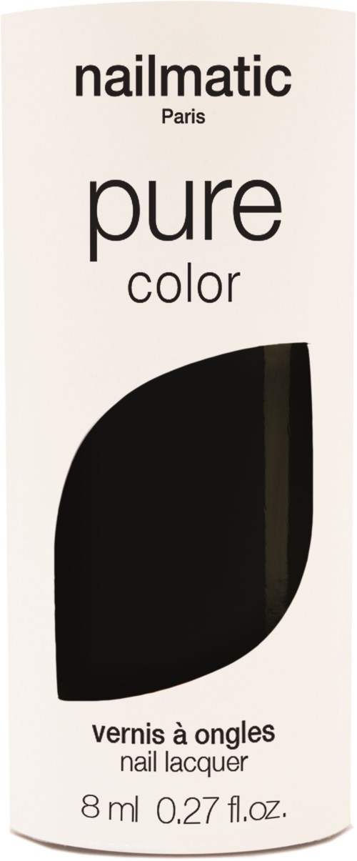 En vit flaska med svart och grå nagellack och text, inklusive varumärke och produktdetaljer. Enkel design.