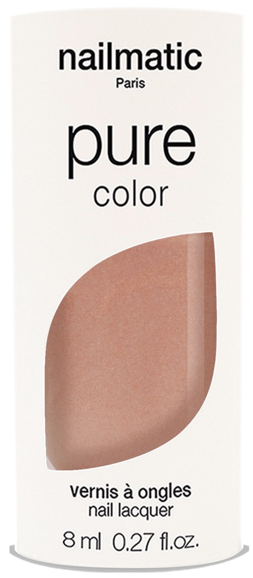 En nagellackflaska med märket 'nailmatic', märkt 'pure color', och en illustration av en mjuk rosa nagel.