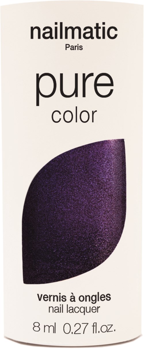 En nagellackflaska med glitterlila färg och texten 'nailmatic Paris', 'pure color' och 'vernis à ongles.'
