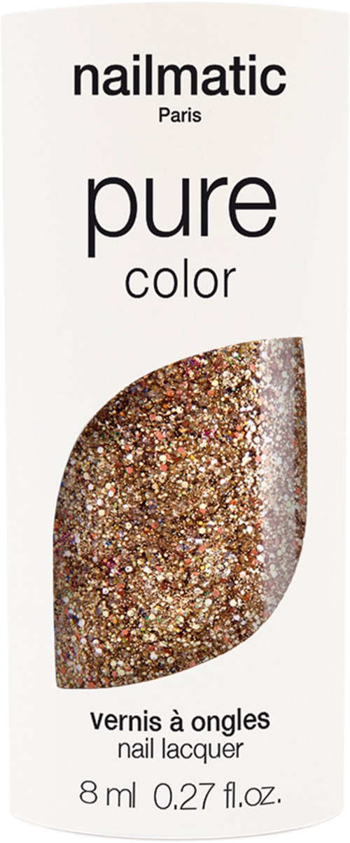 En nagellacksflaska med en vit etikett som visar guldglitternagellack och text om produkten.