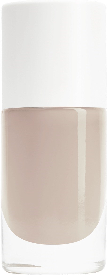 En beige nagellackflaska med vit lock.