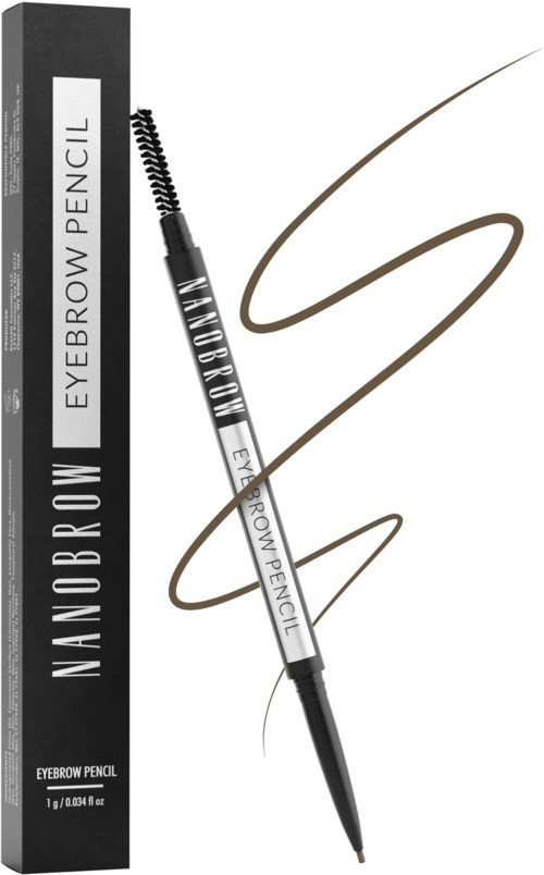 A black box and a black pen with a spool of eyebrow pencil on it. The pen has a curved line drawn with it.