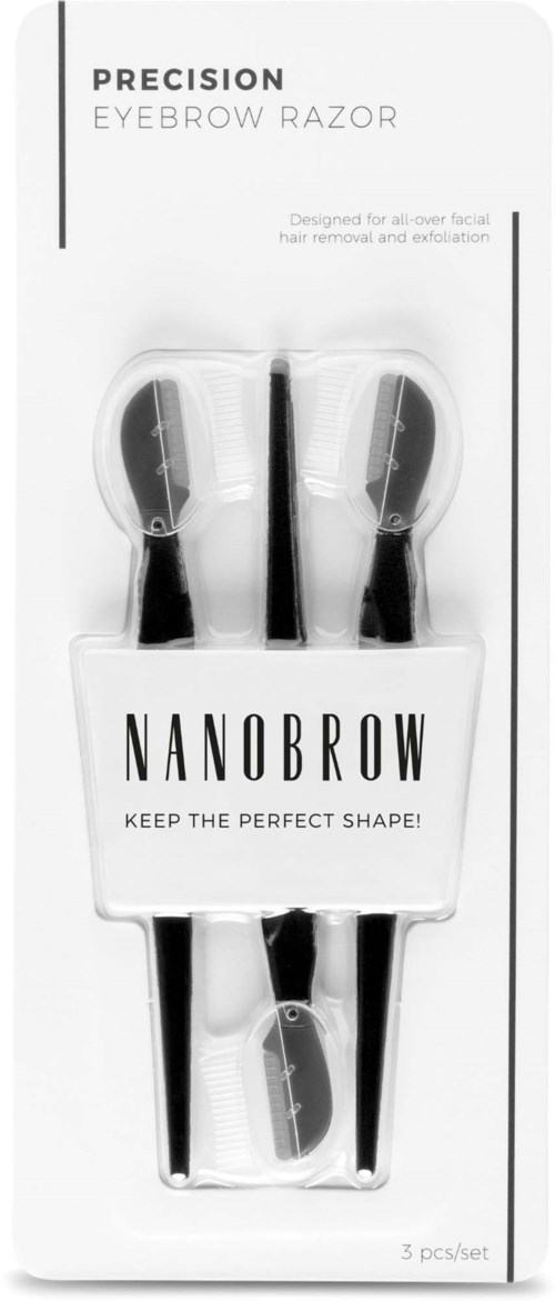 Een set van drie precisie wenkbrauwscheermessen in doorzichtig plastic verpakking met label Nanobrow om de wenkbrauwen perfect te houden.