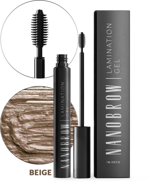 Beige kulmageelipakkauksessa, jossa on musta putki ja harja, ja vieressä on laatikko, jossa lukee 'NANOBROW LAMINATION GEL'.