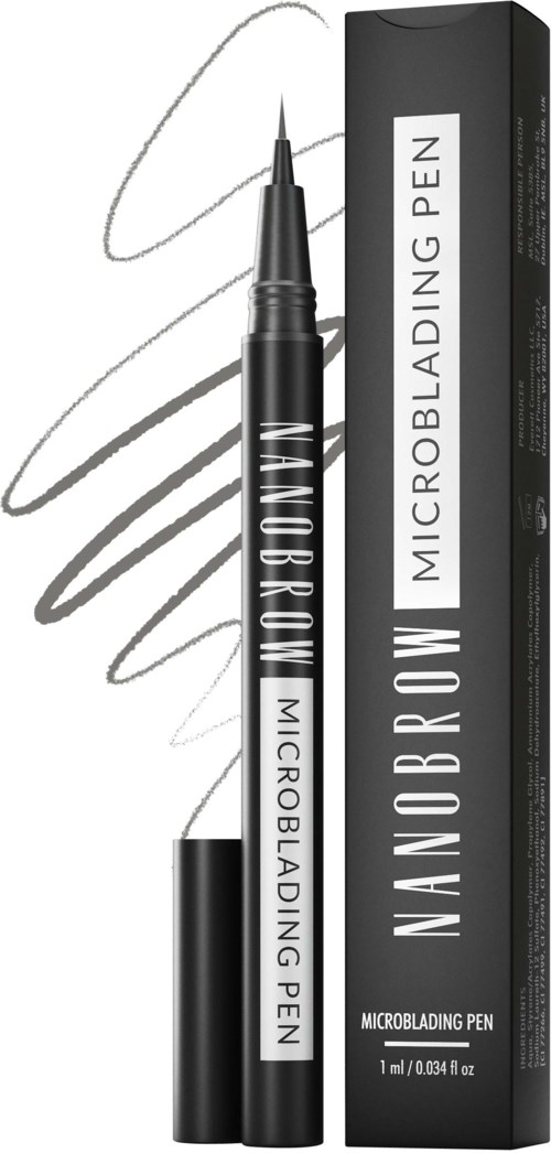 A black microblading pen and its box are shown, with sketchy eyebrow lines displayed behind.