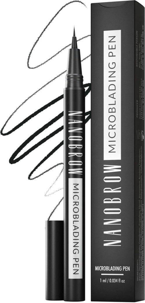 En svart penn merket 'Nanobrow' med en lang hette, vist med svarte linjer som indikerer bruk for bryn og 'Microblading Pen'.