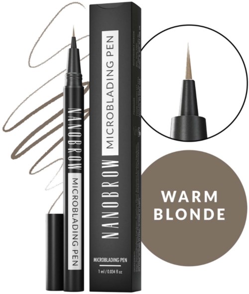 A black microblading pen with a fine tip, packaging, and swatches showing warm blonde eyebrow shades.