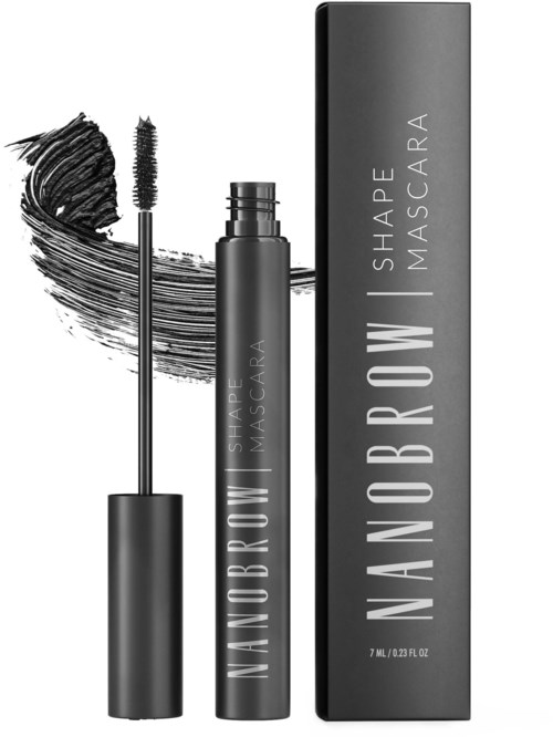 En svart mascara-rör med borste, bredvid dess förpackning, med märket 'NAUTORIUM SHAPE MASKARA' skrivet på.