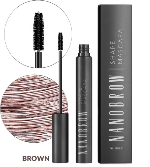 En svart mascara tub, borste och förpackning med vitt text som säger "NANOBROW SHAPE MASCARA BROWN."