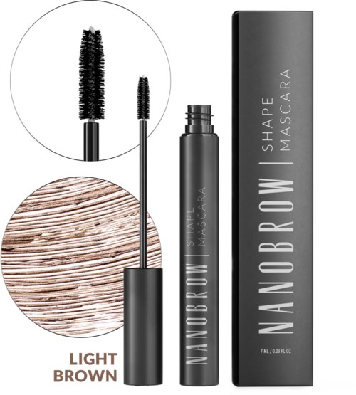 En svart mascara-rör, borste och en svart förpackning märkt 'NANOBROW SHAPE MASCARA'. Borsten visar mascara-ansökan.
