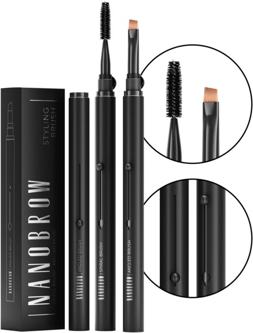 Ein Satz mit drei schwarzen Kosmetikwerkzeugen, darunter eine Mascara, Augenbrauenstift und Lidschattenpinsel mit Nahaufnahmen.