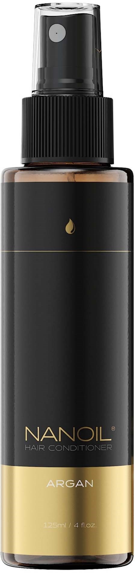 Musta ja kulta spray-pullo hiustenhoitoon, merkitty 'NANOIL Argan' pumpulla.