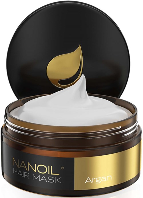 En burk med hårinpackning med argan, öppen lock, krämig inuti, svart och guld förpackning, varumärkesnamn Nanoil.