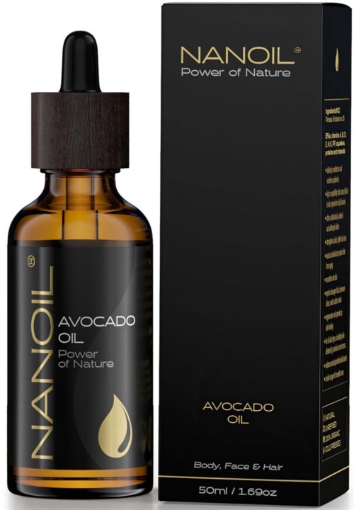 En liten brun flaska med svart lock och droppare; märkt 'NANOIL Avocado Oil'. Bredvid den står en lång svart box.