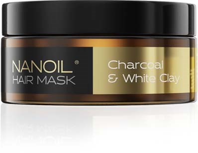 En krukke merket Nanoil Hair Mask, aktivkull og hvit leire, svart lokk, gullfarget og svart beholder.