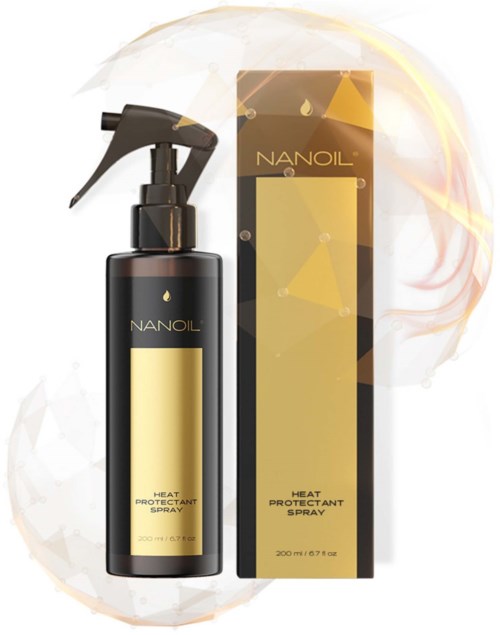 Musta suihkepullo ja keltainen laatikko, jossa lukee Nanoil Heat Protectant Spray, 200 ml.