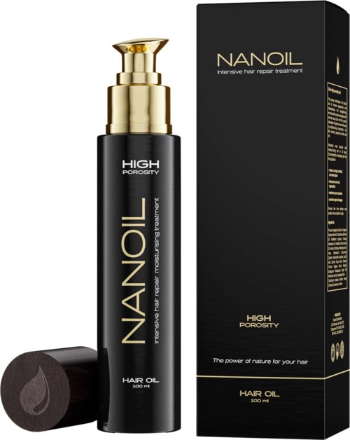 En svart og gullfarget flaske med nanoil hårolje og eske ved siden av, merket høy porøsitet, 100 ml.