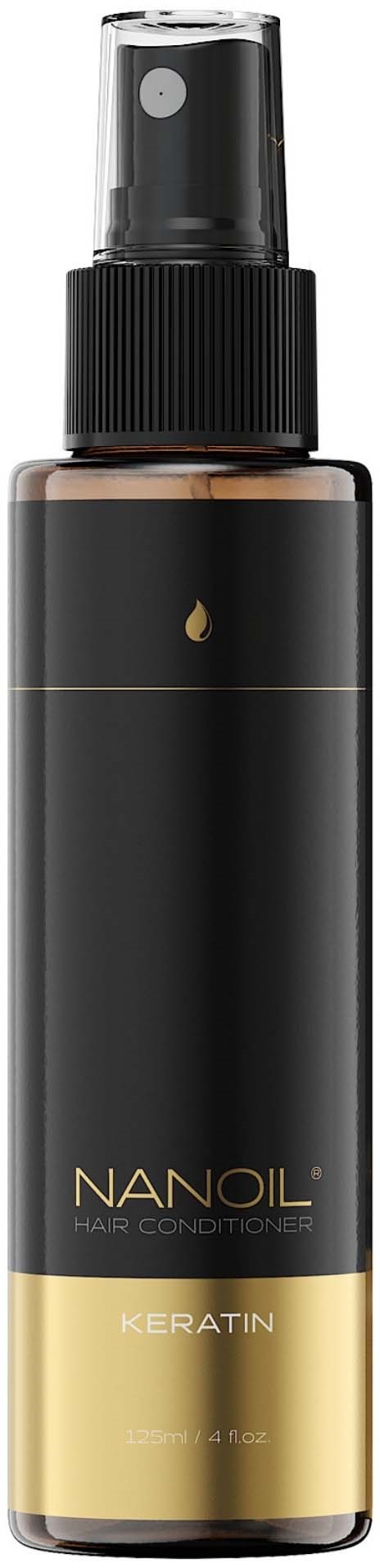 Mustavalkoinen ja kultainen suihkepullo, jossa lukee Nanoil Keratin Hair Conditioner.
