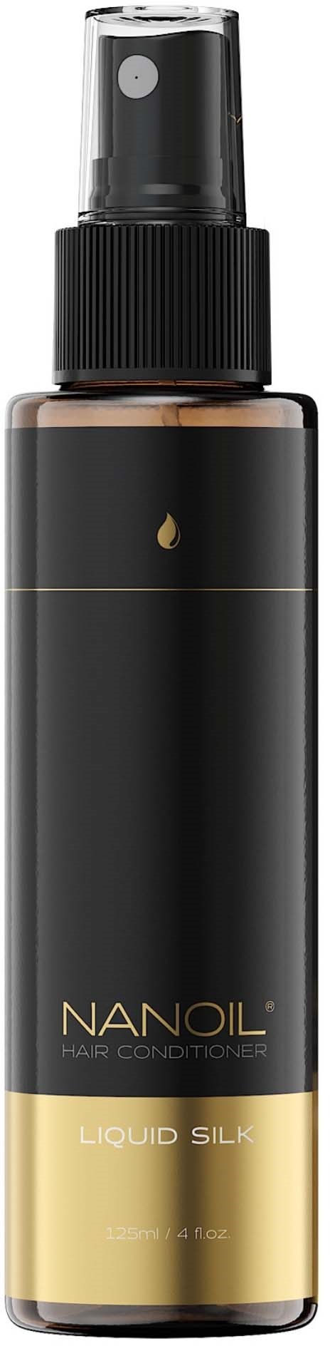 Musta ja kulta suihkepullo nimeltä Nanoil Liquid Silk hiusten hoitoon.