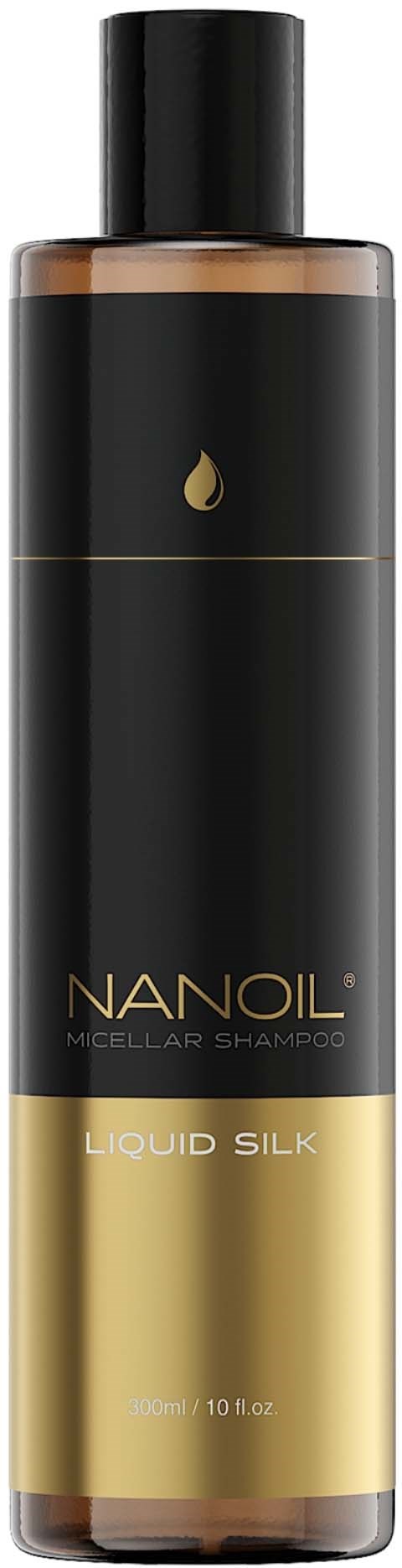 Pitkä musta ja kultainen pullo, jonka etikissä lukee NANOIL Liquid Silk, ja siinä on pieni pisaramerkki.