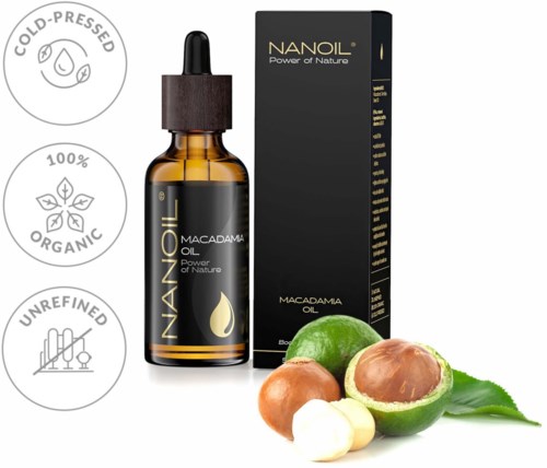NANOIL Macadamia Oil-flaska, svart låda, tre macadamianötter, lime, vitlök, etiketter med ekologiska, kallpressade, ofiltrerade märken.