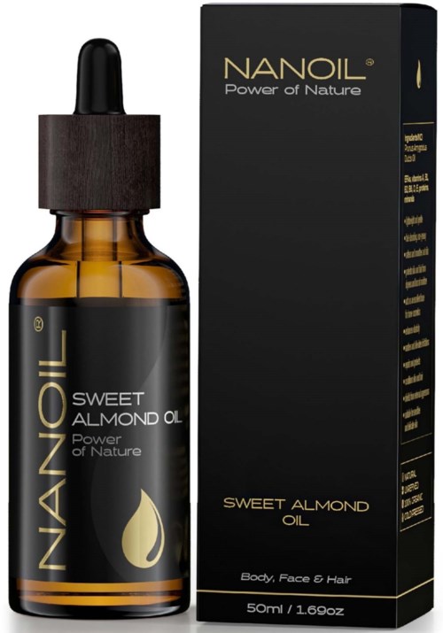 Ruskea lasipullo tipulla ja musta laatikko, molemmat merkitty "Nanoil Sweet Almond Oil" iholle, kasvoille ja hiuksille.