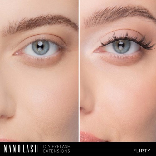 A before-and-after showing face with minimal makeup, emphasizing longer eyelashes after eyelash extension application.