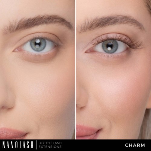 Vorher und nachher Make-up zeigt Auge mit natürlichem Aussehen und mit Make-up undWimpernverlängerungen. Weiße Haut und blaue Augen.