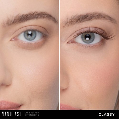 Vorher- und Nachbilder eines Auges mit Wimpernverlängerungen, die einen dramatischeren Look zeigen.