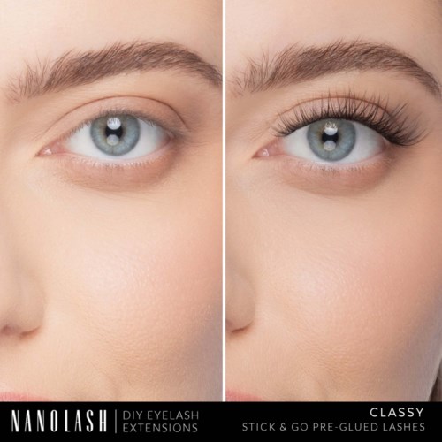 Bilder sida vid sida visar ett öga utan smink och ett öga med mascara och ögonfransförlängningar.