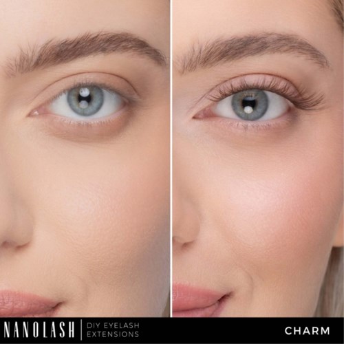 Vorher- und Nachbilder von Make-up für die Augen mit Wimpernverlängerungen und verbesserten Wimpern.