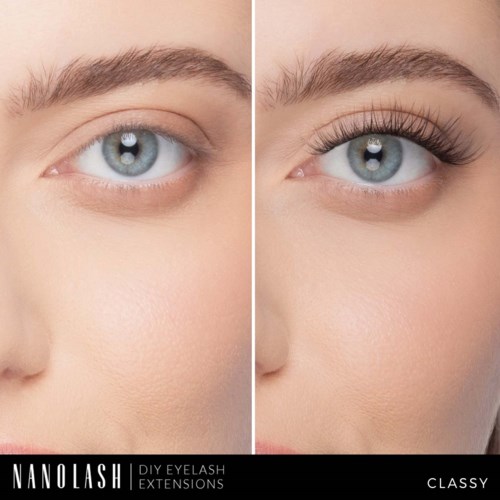 A side-by-side comparison shows an eye before and after applying mascara and eyelash extensions. The lashes look fuller and longer.