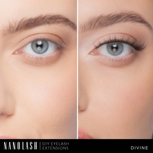 Vergleich eines Auges vor und nach Wimpernverlängerung, mit längeren, dichteren Wimpern im zweiten Bild.