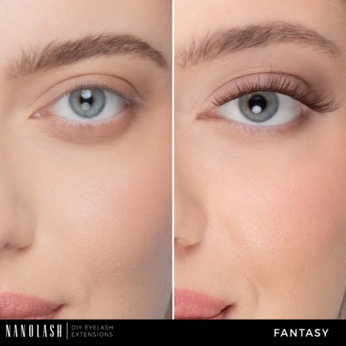 Vorher-Nachher-Foto, das Ergebnisse von Wimpernverlängerung an einem Auge zeigt.