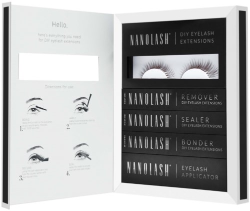 Eine Präsentation mit falschen Wimpern und verwandten Produkten, darunter Entferner, Versiegler, Bonder und Applikator, mit Anweisungen.