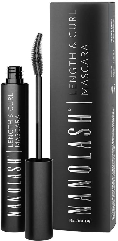 Musta ripsiväriputki, jossa on kaareva harja ja teksti 'Length & Curl Mascara', ja vieressä samanlainen laatikko.