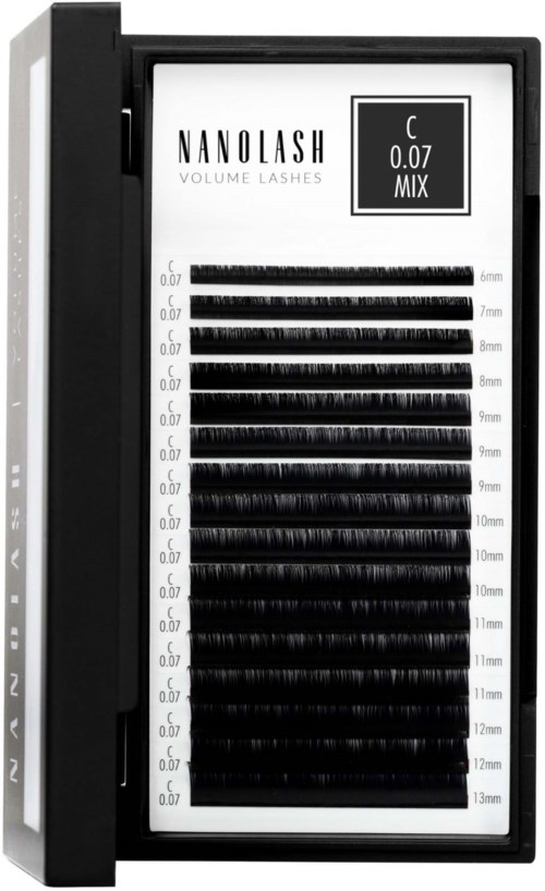 Boks med ulike lengder av øyevipper prøver merket med målinger, med tittelen 'Nanolash Volume Lashes.'