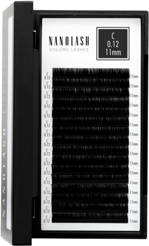 En eske med sett av svarte falske øyevipper merket 'Nanolash' og 'volume lashes', hver stripe er 11mm.