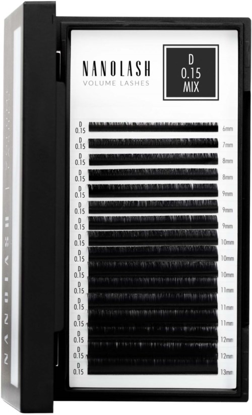 En utstillingskasse med nano lash volumforlenger med ulike lengder fra 6 mm til 13 mm i svart.