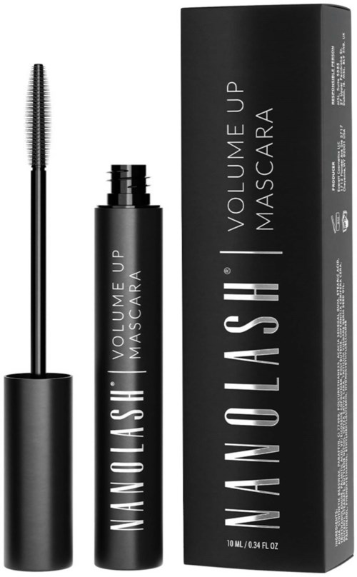 Musta ripsiväriputki, jossa on harja ja taustalla samanlainen laatikko. Tuotenimi on 'Nanolash Volume Up Mascara.'
