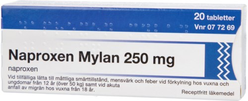 En låda med Naproxen Mylan 250 mg tabletter, används för smärtlindring och inflammation, med svenska instruktioner.