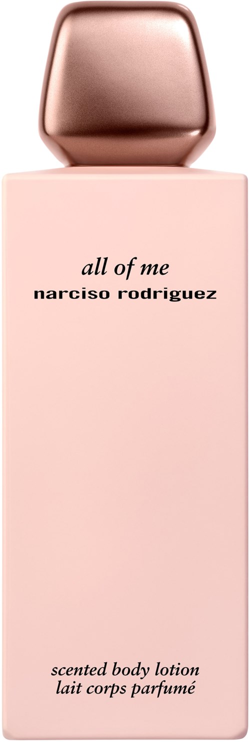 Różowa butelka z perfumowaną balsamem do ciała z różowo-złotą nakrętką, oznaczona "all of me" przez Narciso Rodriguez.