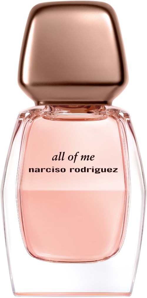 butelka perfum z różową cieczą, oznaczona 'all of me' przez narciso rodriguez z złotą zakrętką.