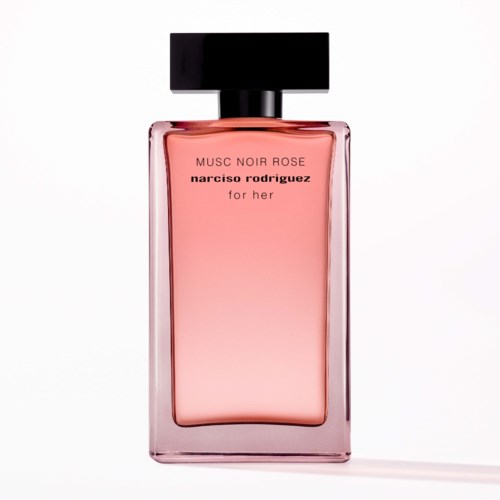 Rosa parfymflaska med svart lock, märkt "MUSC NOIR ROSE" av Narciso Rodriguez för henne.