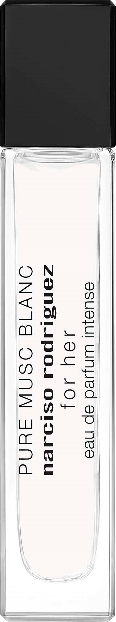 Durchsichtige Parfümflasche mit schwarzem Deckel, beschriftet "PURE MUSC BLANC" und "for her".