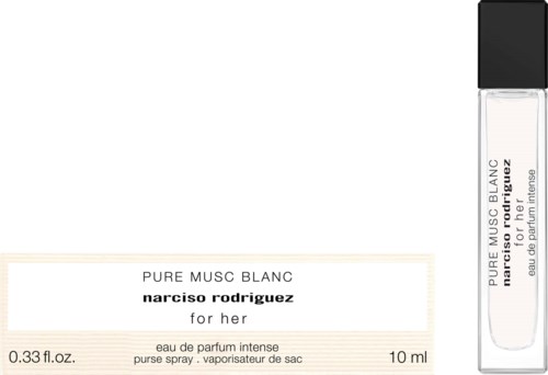 Ein Parfüm-Box und kleine Flasche mit Label 'Pure Musc Blanc' von Narciso Rodriguez für Frauen, 10 ml.