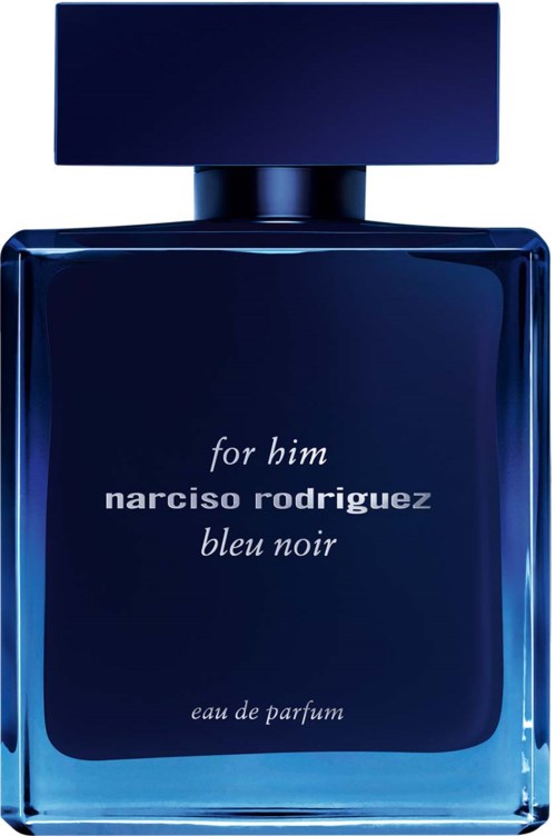Eine blaue Parfümflasche mit der Aufschrift 'for him' von Narciso Rodriguez, schlicht und elegant gestaltet.